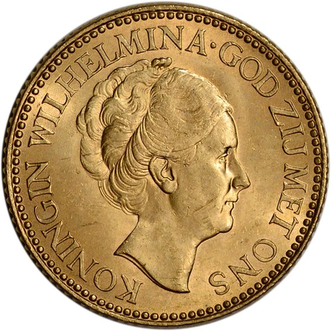 Netherlands Gold 10 Gulden (.1947 oz) - Wilhelmina - Bare - BU - Random Date Cover