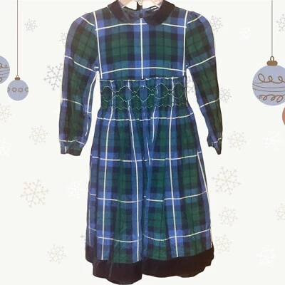 Vestido vintage Lands’ End verde seda a cuadros con ribete de terciopelo para niñas talla 7 Foto 1 de 4