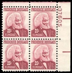 US #1290b 25¢ Douglass plate block, VF NH MNH, scarce magenta shade - Picture 1 of 2