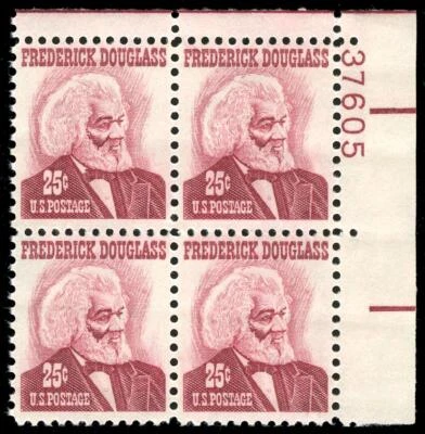 US #1290b  25¢ Douglass plate block, VF NH MNH, scarce magenta shade - Image 1 of 2