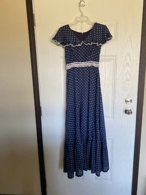 Vintage handmade maxi dress navy white polka dot - small - Image 1 of 4