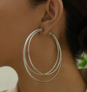 Triple Circle Silver Hoop Earrings Big Large Wide Hoop Earrings for Women - Picture 1 of 7