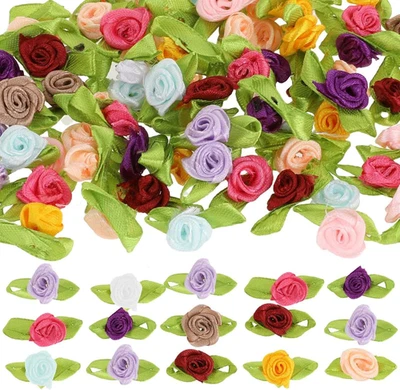 100 Piezas Mini Flores para Artesanía Multicolor Mini Rosas Rosas Satinadas con Lea Verde Foto 1 de 4