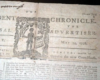 Raro periódico PAUL REVERE Masthead grabado guerra revolucionaria americana 1778 Foto 1 de 4
