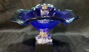 MURANO Art Glass Pedestal Dish BLUE 9” WHITE CRISTAL Handmade Italy Vintage - Picture 1 of 15
