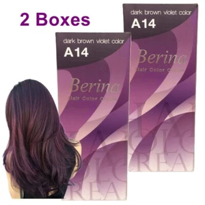 Hair Color Cream BERINA A14 Dark Brown Violet Color Dye Permanent Fashion 2Boxes - Picture 1 of 11