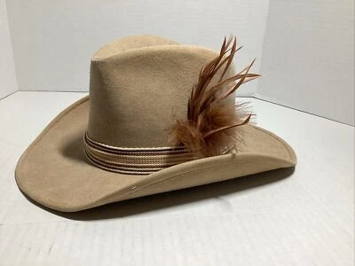 Sombrero de vaquero occidental de colección, talla pequeña, mide la cabeza 8 por 6 pulgadas, bronceado, plumas  Foto 1 de 4