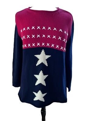 DENIM & CO STAR PATRIOTIC RED WHITE BLUE FLAG SWEATER 100 % COTTON  PLUS SZ 1X - Imagem 1 de 4