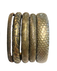 Brass & Copper Tones Floral Embossed Wide Curved Chunky Bangle Bracelet Lot of 5 - Picture 1 of 24