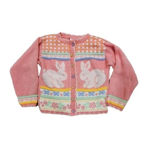 Vtg Easter Bunny Cardigan Sweater Kids 7/8 Pink Knit Spring Floral Pastel  - Picture 1 of 5