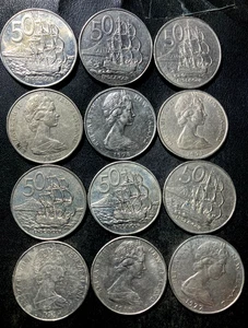 Old New Zealand Coin Lot - 50 CENTS - LARGE SHIPS - 12 COINS - LOT #N12 - Picture 1 of 1