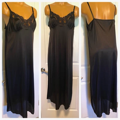 VTG 1980's VASSARETTE BLACK NYLON W/ LACE LONG FULL SLIP SZ 38 - Image 1 of 4