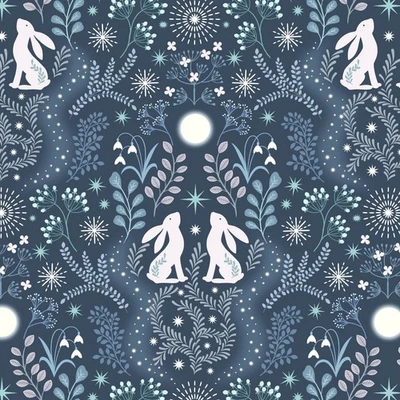 LEWIS AND IRENE A Winter's Moon Hares on Midnight Blue Lewis & Irene Pearlescent Quilting Fabric