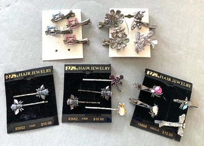 18-Vintage Hair Jewelry-Clips/BobbyPins-Dragonflies-Bugs-Flowers-Cats-Crystals - Image 1 of 4