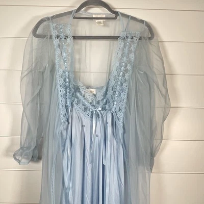 Vintage Barbizon Nightgown Robe Set Womens Small Blue Lace Peignoir 70s USA - Image 1 of 4