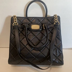 MICHAEL KORS Black Leather Quilted Hamilton Belted Tote Handbag (EUC) - Picture 1 of 10