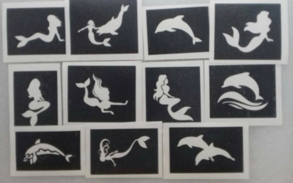 DAZZLE GLITTER TATTOOS 30 x mermaid & dolphin stencils for temporary glitter & airbrush tattoos Ariel