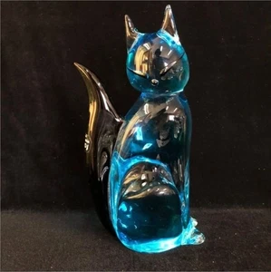 Vintage Murano Glass Cat Figurine Figure H 18cm Blue Italian Interior Decor - Picture 1 of 6