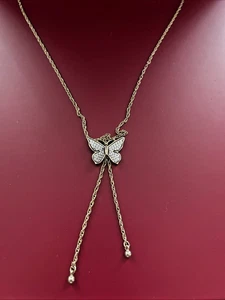 Vintage 1979 Avon Butterfly Lariat Necklace Gold Silver Two-Tone Slider 70s Bolo - Picture 1 of 3