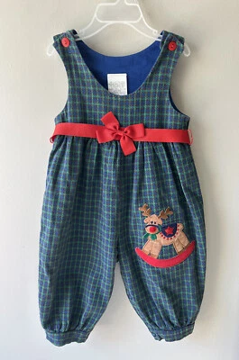 VINTAGE Girls Plaid Christmas Jumper Outfit 12 months Reindeer Green Blue Red - Image 1 of 4