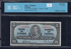 1937 Bank of Canada $5 - BC-23b - CCCS VF25 - S/N: E/C 2069581 A19 - Picture 1 of 2
