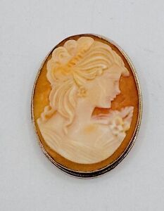 Vintage Carved Shell Cameo Pin Pendant Brooch in Sterling Frame