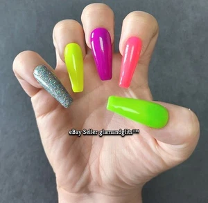24 Fluorescent Neon Glitter Press On Gel False Nails Coffin Stiletto Square Oval - Picture 1 of 1
