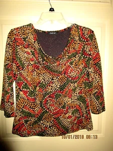 SHELLI LEAL  3/4 sleeves parsley top in brown orange mustard and green size L  - Picture 1 of 11
