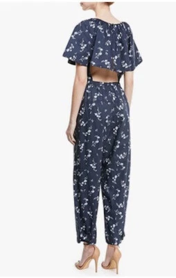 Macacão Popeline Floral Rebecca Taylor Francine, Capa Aberta Traseira, Azul Marinho, Tamanho 6 - Imagem 1 de 4