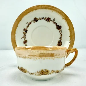 Haviland France Hand Painted Porcelain Tea Cup Saucer Brown Gold Flowers Signed - Picture 1 of 14