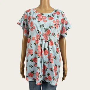 A:Glow Aglow Maternity LARGE Blue Peach Rose Floral Print Tunic Blouse Shirt - Picture 1 of 8