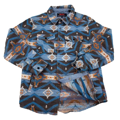 Rock & Roll Denim Shacket Men Small Brown Blue Southwestern Aztec Snap Unlined - Image 1 of 4