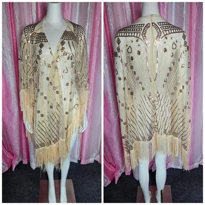Exquisite Rose Gold Lace Fringe Beaded Sequin Shawl Wrap One Size  - Image 1 of 4