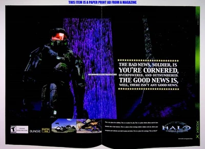 Póster publicitario de revista impresa comercial Halo Combat Evolved Microsoft Xbox 2001 anuncio Foto 1 de 2