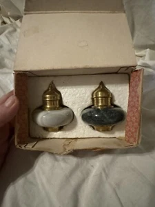 Vintage Marble Salt & Pepper Shakers Set Cantury Design Brass Green White - Picture 1 of 5