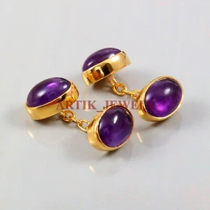 Natural Amethyst Gemstone with Gold Plated 925 Sterling Silver Cufflink #4351 - Picture 1 of 3