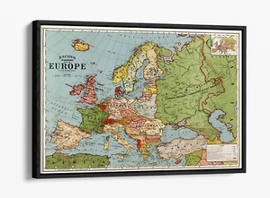 BACON'S STANDARD MAP OF EUROPE -FLOAT EFFECT FRAMED CANVAS WALL ART PRINT - Picture 1 of 12