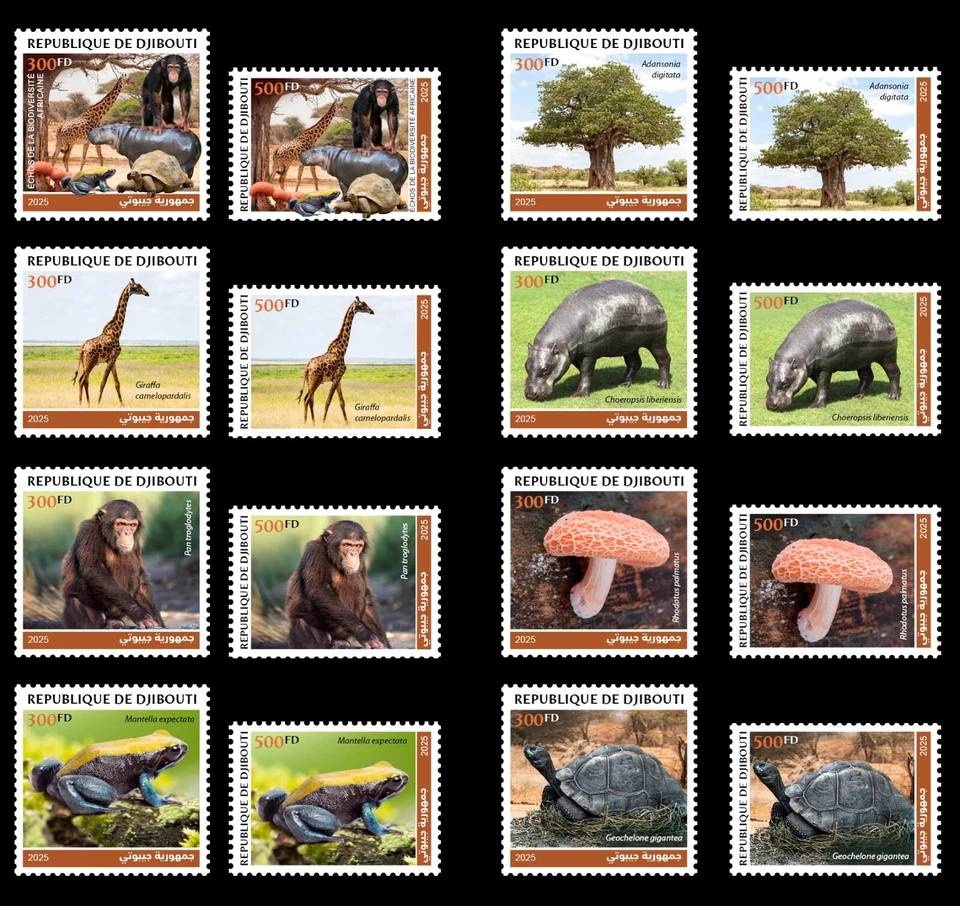 DJIBOUTI 2025 SET16V GIRAFFES MONKEYS FROGS HIPPOPOTAMUS BAOBAB MUSHROOMS TURTLE — 第 1/1 张图片