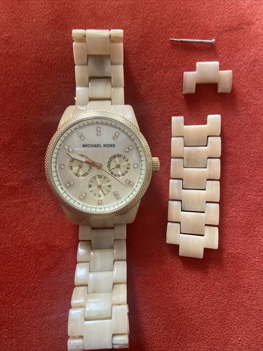 Orologio Cronografo Michael Kors MK 5039 Glitz Corno Perla Bracciale Acetato $225