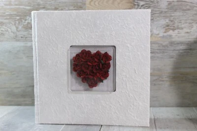 Vintage White Pressed Paper Photo flower red Heart Album Holds 200 - Image 1 of 4
