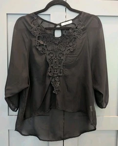 Vintage Witchy Whimsigoth Sheer Blouse Black Lace Sz Small Dark Fairy High Low - Picture 1 of 12