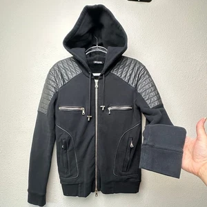 Balmain Black Moto Hoodie Leather-Shoulder Zip Sweatshirt Men M - Picture 1 of 15