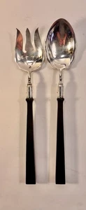 Antique Manning Bowman Silverplate Serving Fork & Spoon Scalloped & Wood Handles - Picture 1 of 9