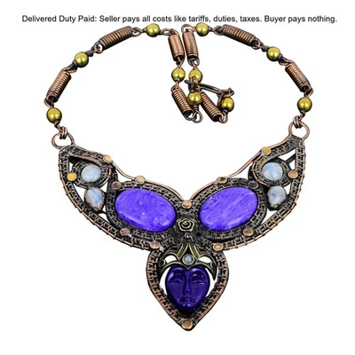 Collar de cadena envuelto en alambre Charoite piedra cara tallada púrpura cobre joyería Foto 1 de 4