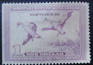 1938 US Federal $1 Duck Hunting Permit Stamp MLH F/VF No Gum, SC#RW5 (CV $85) - Picture 1 of 2