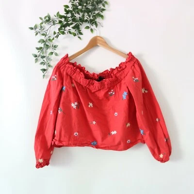 Top Top Top Top Top Top Floral Bordado Manga Larga Fuera del Hombro Volantes Talla 10 Rojo Foto 1 de 4