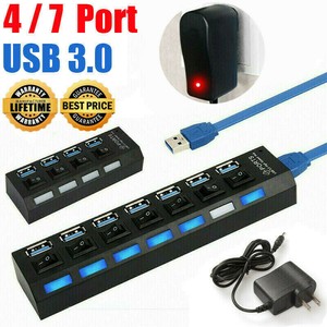 3.0 USB Hub 7 Port On/Off Switch High Speed Splitter AC Adapter Cable PC Laptop