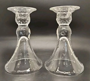 2 Vintage Art Glass Candle Sticks Dots With Honeycomb Ball Clear Glass 6" - Picture 1 of 5