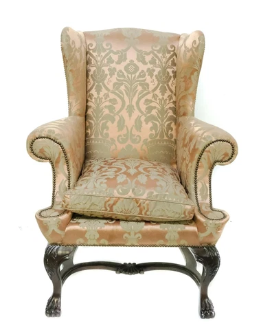 Baker Irish Mahogany Wing Chair Silk Damask Fabric Highly Carved with Paw Feet Cover