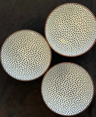 Set of 3 Lovely Japanese Wood Crane Ceramic Soup Cereal Bowls Mini Blue Flowers - Image 1 of 4